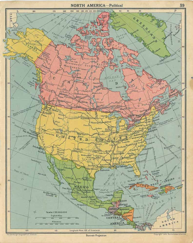 North America Antique Map Caribbean and Central America 1941