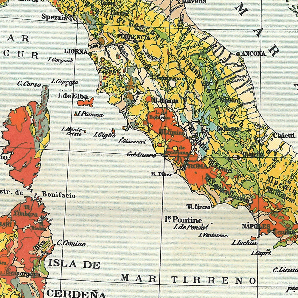 Geology Vintage Map Italy Colorful 1923 Home Decor to Frame