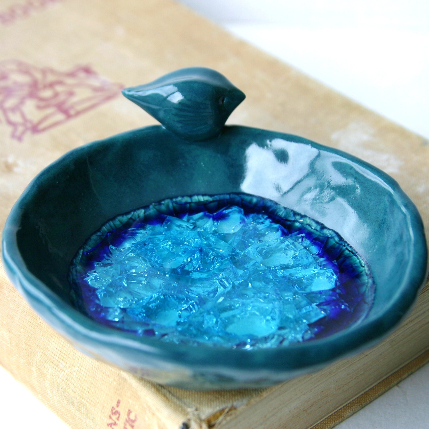 Miniature Bird Bath - Ring Catcher Home Decor - Crackle Aqua Glass - OOAK Dark Turquoise Teal