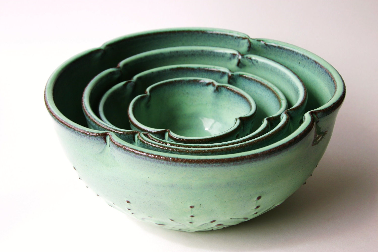 Ceramic Nesting Bowls - Set of 4 Serving Dishes - Aqua Mist