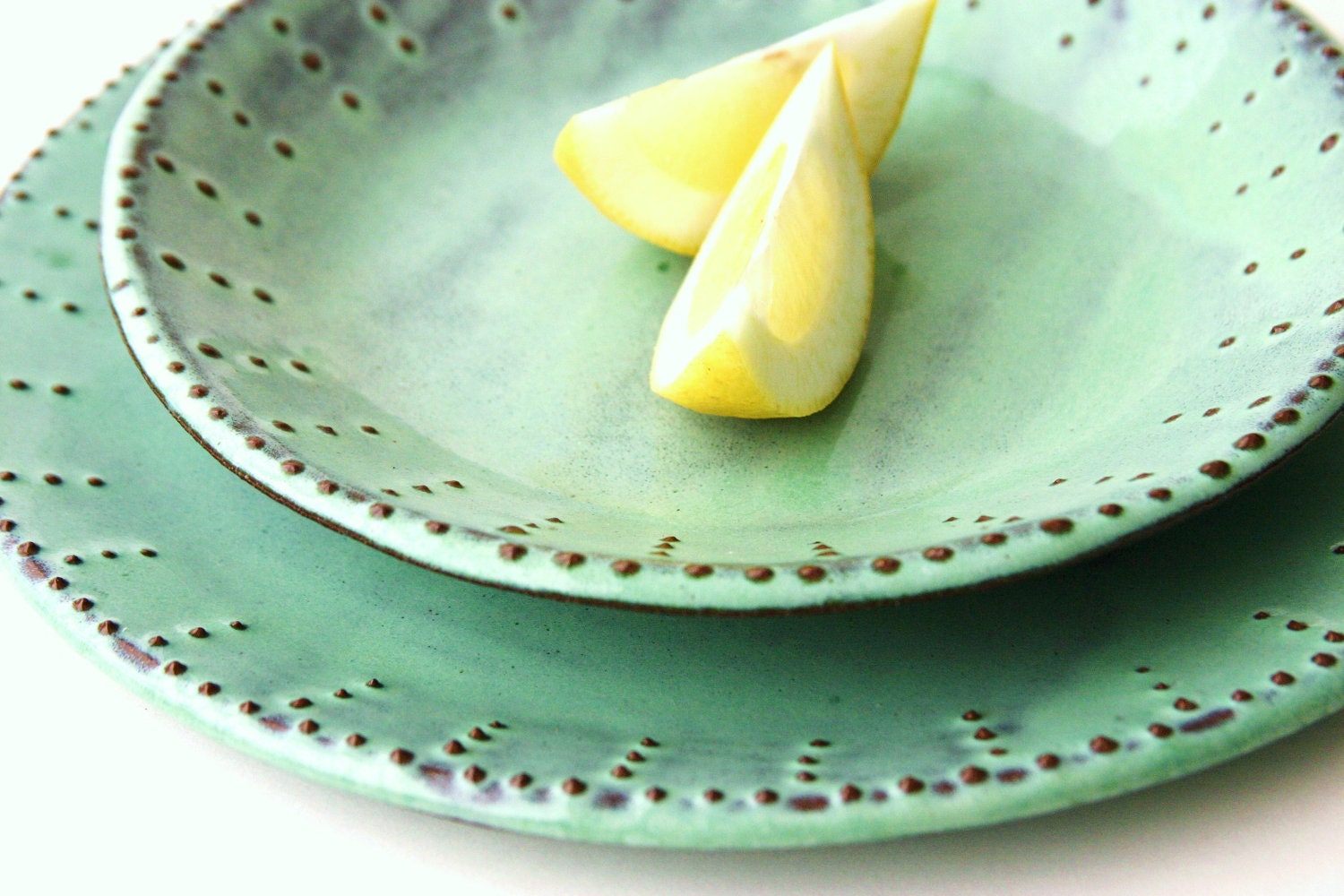 Dinnerware Set - Set of 4 - Dinner Salad Dessert Bread Plate and Bowl - Aqua Mist Creamy White Dark Teal - French Country