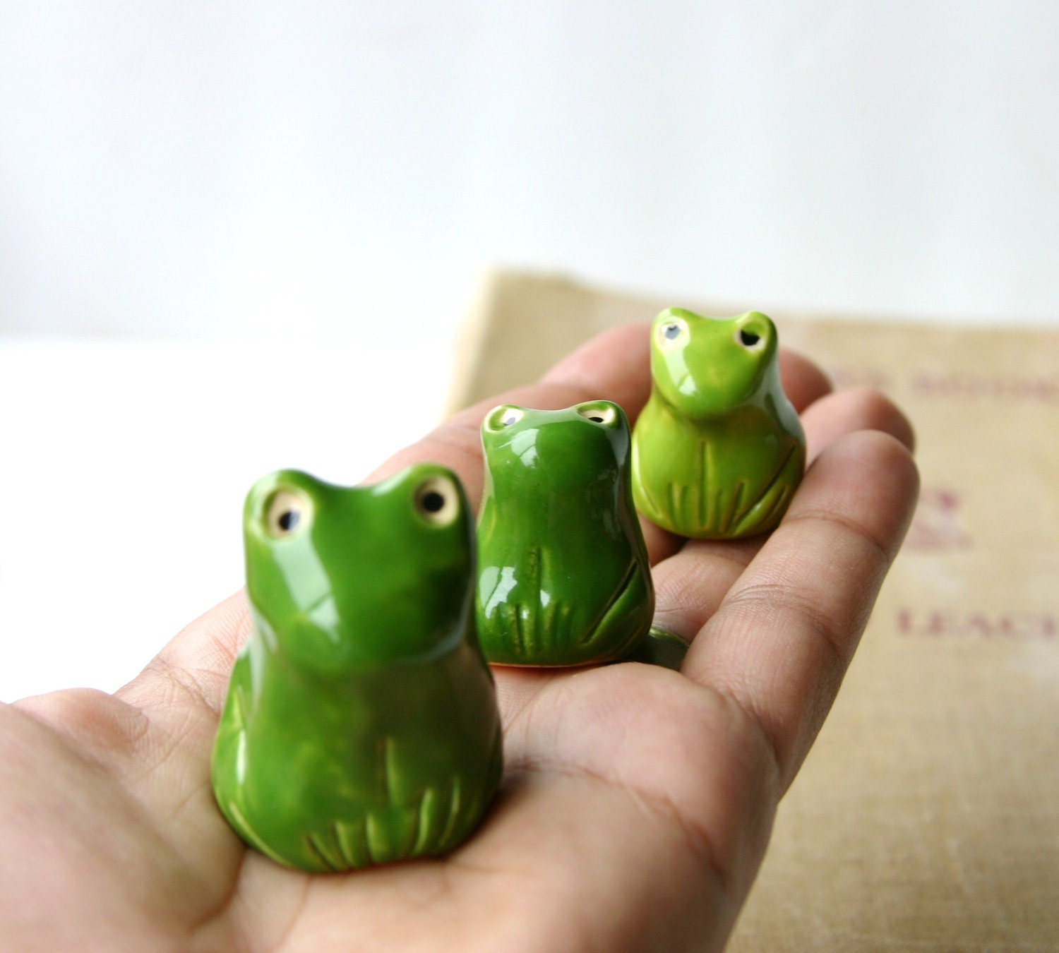 Porcelain Frog - Handmade Sculptures - Bookshelf Home Decor - OOAK Olive Green Moss - ONE - Ready to Ship
