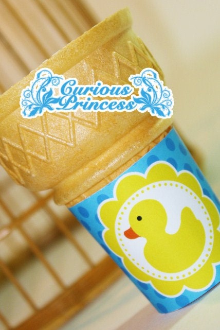 PRINTABLE ICE CREAM cone wraps wrappers labels blue yellow or pink Rubber Ducky Duck birthday Party Favors