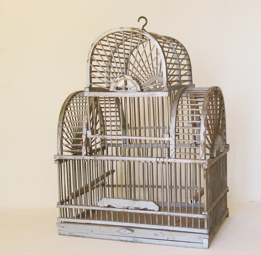 SOLD reserve for Chris - Vintage Birdcage Victorian Wooden Bird Cage Domed Metallic Painted Wood
