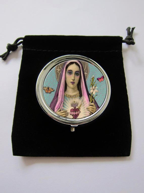 Immaculate Heart Virgin Mary Madonna Religious Butterflies Collage Art Medical Pill box Pillbox Case Trinket Box Storage