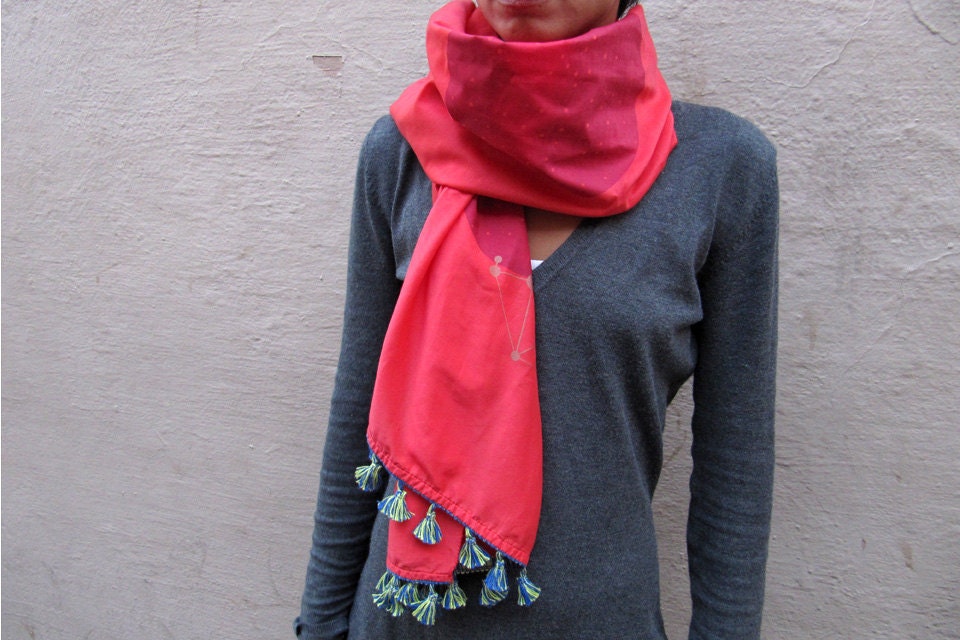 Geo neckerchief - FIne fabric scarf  // Red, purple and gold screen printed