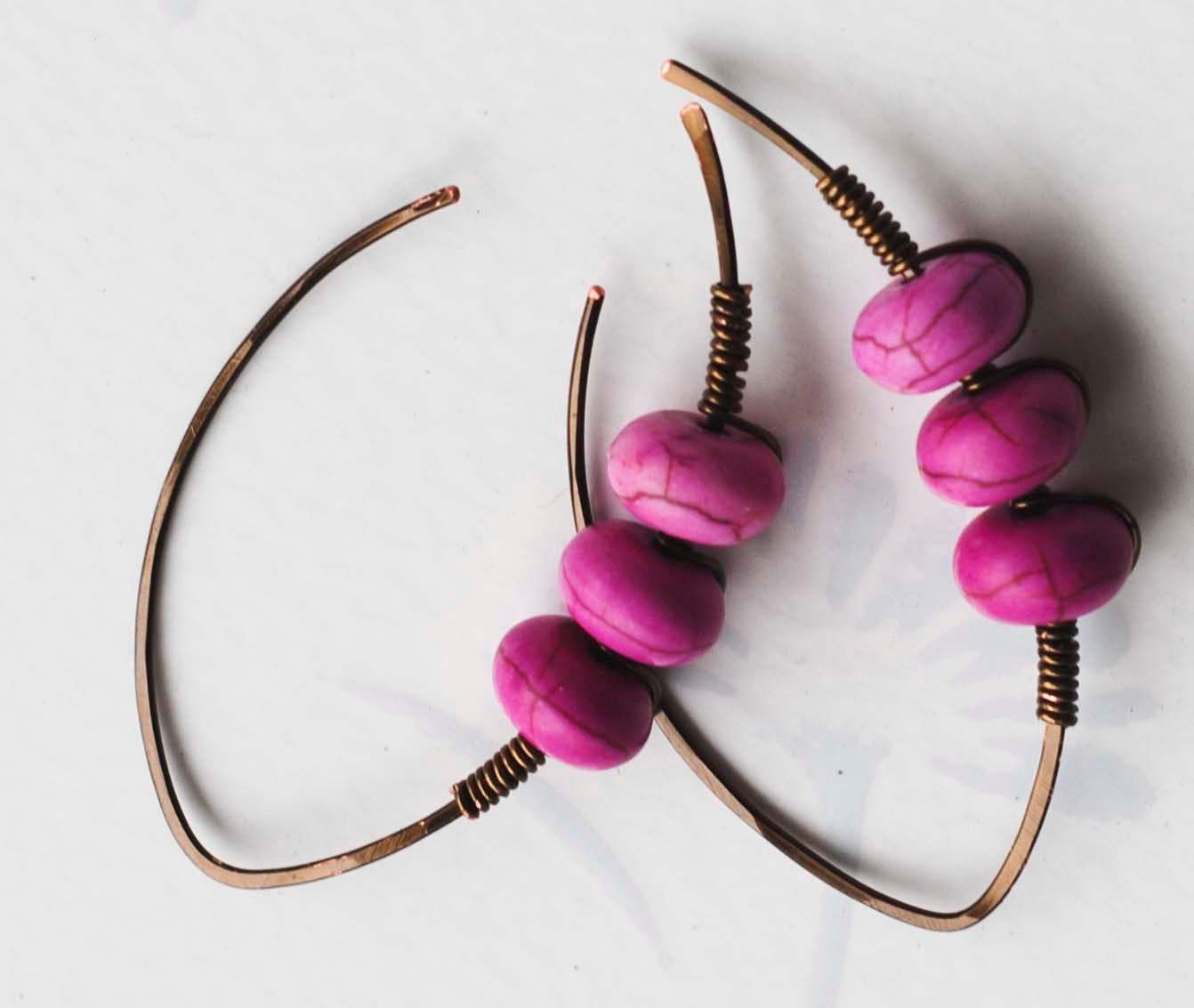 Dyed Purple Howlite Gemstone Antique Bronze Plated Wire Hoop Earrings