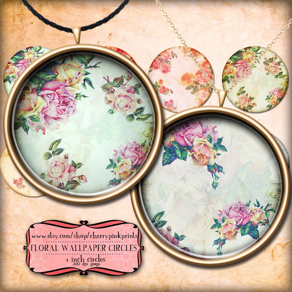 Floral Circles 1 inch circles, digital collage sheet, Vintage shabby chic style for pendants, magnets, scrapping, craft supply.