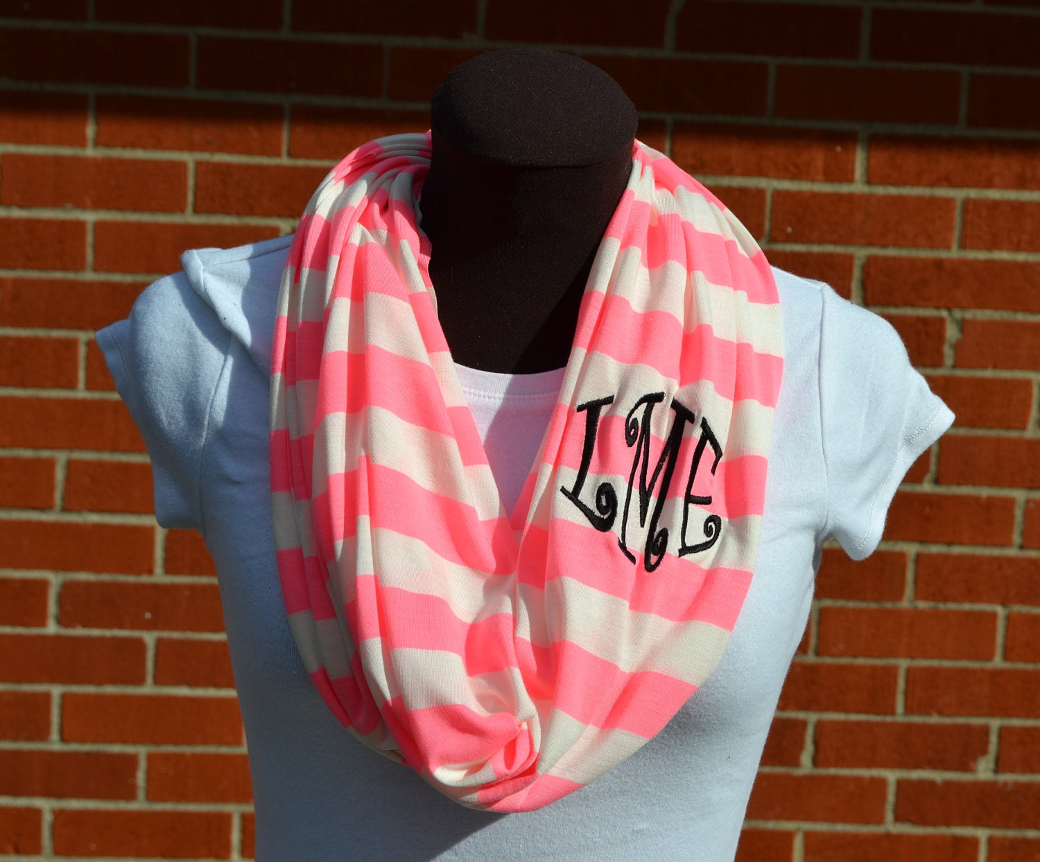 Monogrammed Infinity Scarf Light Neon Pink Stripe Knit Jersey