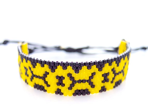 Yellow Aztec Bracelet, Beaded Cord Bracelet, Snakeskin Effect Bracelet, Yellow & Black Bracelet, OOAK Handmade by JeannieRichard