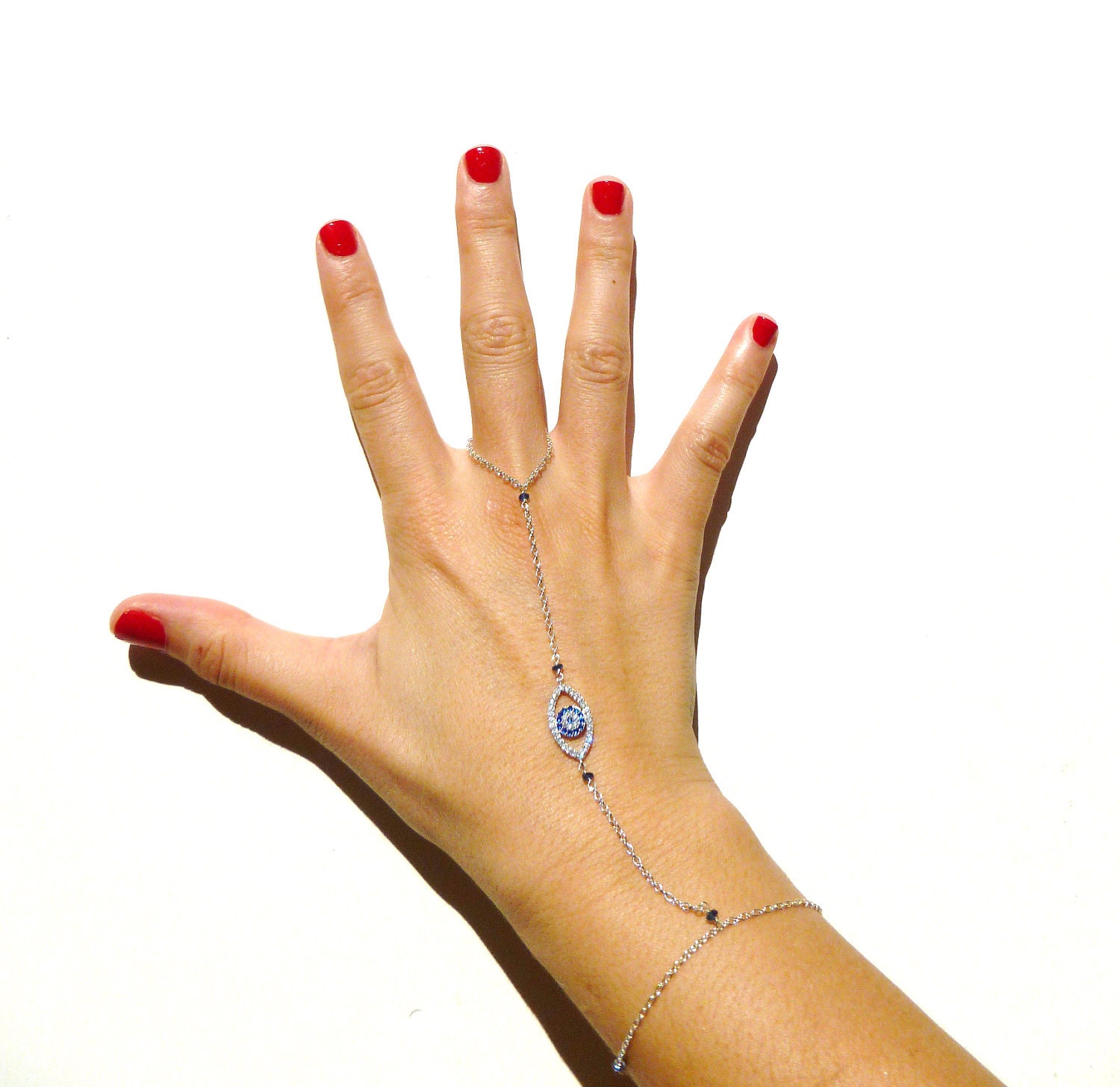 Evil Eye Bracelet Ring Sterling Silver with Cubic Zirconia Evil Eye Charm and AA Natural Color Blue Sapphires and Slave Bracelet