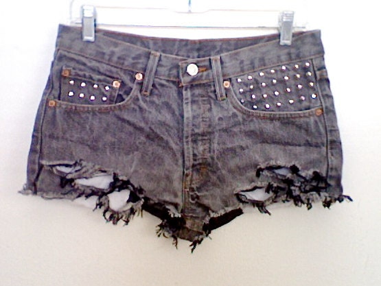 High Waisted Studded and Distressed Grey Denim Levi Strauss Shorts