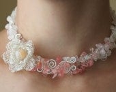 Rose Garden - statement necklace of rose quartz and cherry quartz silver plated wire crocheted rose