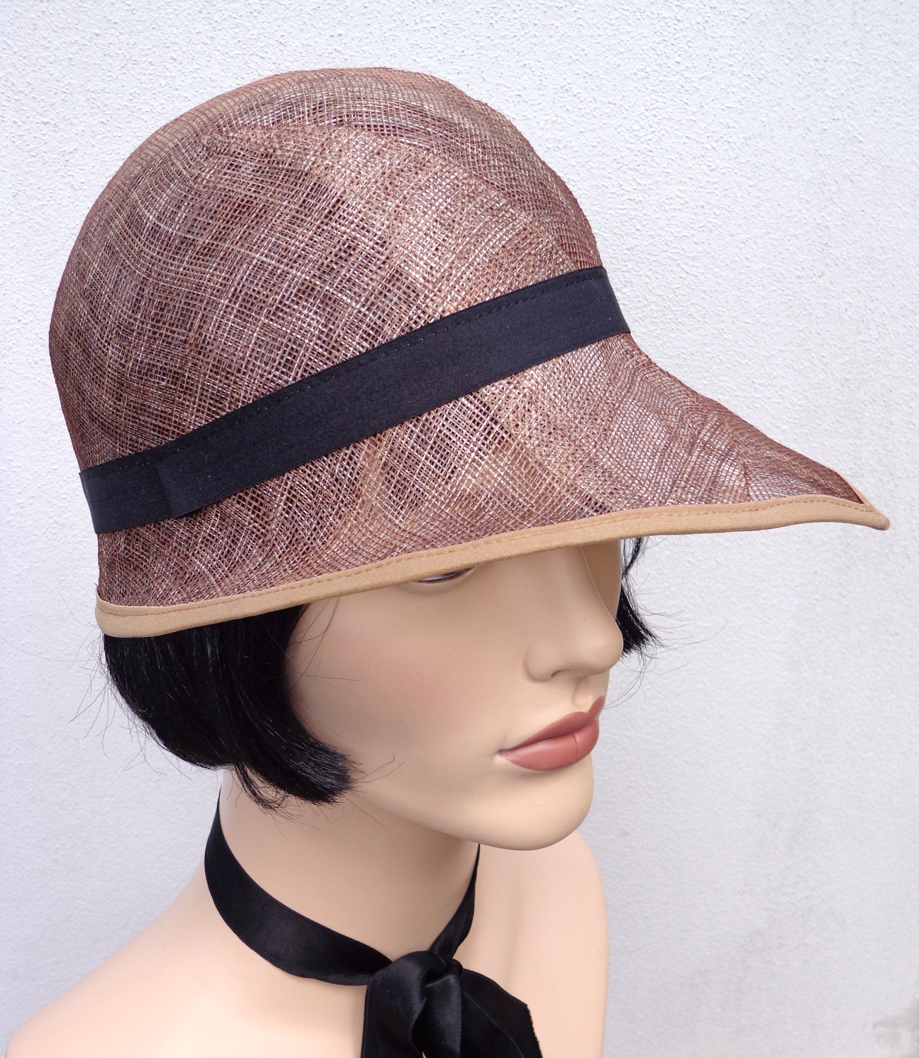 Retro hat, brown and black sinamay cloche, 1920s inspired hat, art deco fashion, vintage inspired, cyber monday