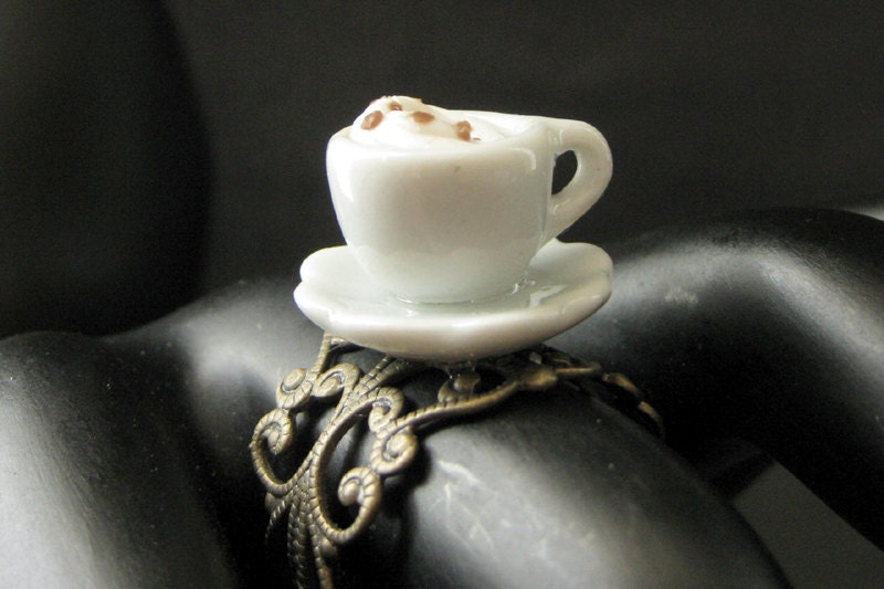 Latte Ring. Cappuccino Ring. White Teacup Ring with Steamed Cream Topping. Bronze Adjustable Ring. Handmade Jewelry.