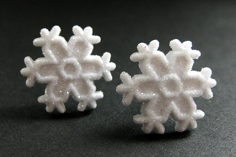 Snowflake Earrings No.8 - White Snow Earrings with Silver Stud Earring Backs. Winter Earrings. Handmade Jewelry.