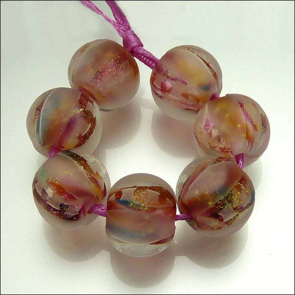 PINK BLING - Pink, Denim Blue and Gold Lentil Glass Bead Set Lampwork Handmade Supplies - by Stephanie Gough sra fhfteam leteam