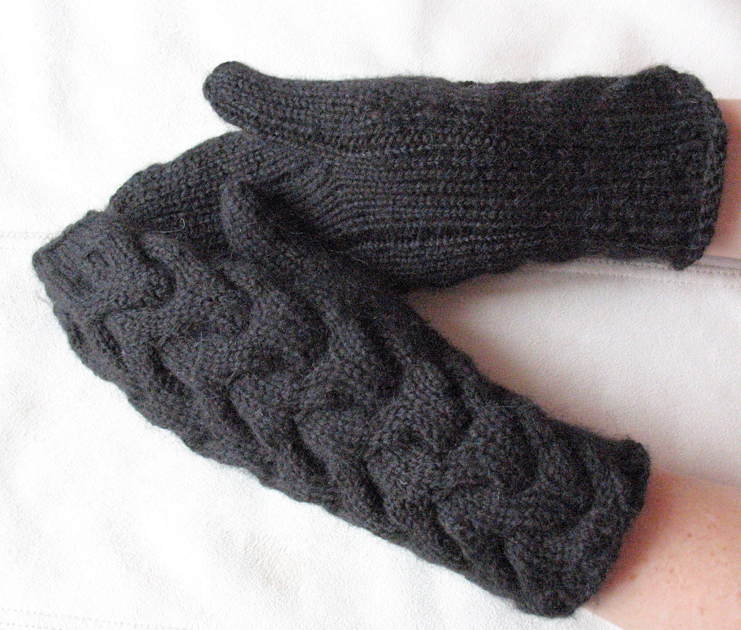 Knit Mittens Gloves Black Arm Warmers, Soft Acrylic Mohair - Initasworks