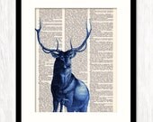 vintage dictionary art print BLUE STAG buck deer antlers mixed media altered book page art on choice of backgrounds, 8x10
