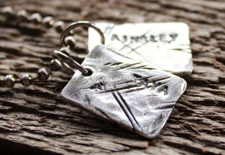 Personalized Mens Fine Silver Necklace Trashed  Dog Tags Rustic Hand Stamped Name Necklace