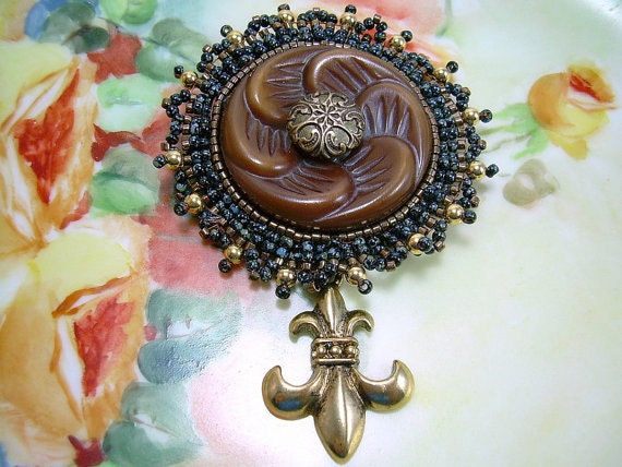 French Flower - Antique Beaded Button Pin