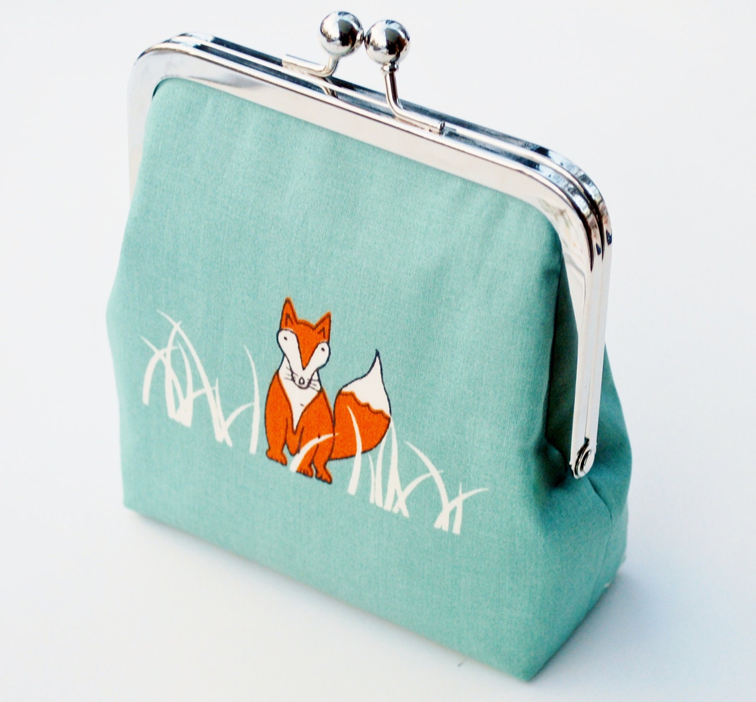 Fox Coin Purse, Vegan Wallet, Handmade Change Purse, Organic Fabric in Orange, Jade, and Cream