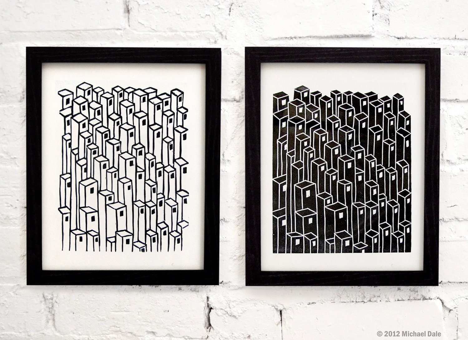 Downtown City Buildings Pair Linocut Block Prints - Urban City Buildings Skyscraper Cityscape Printmaking