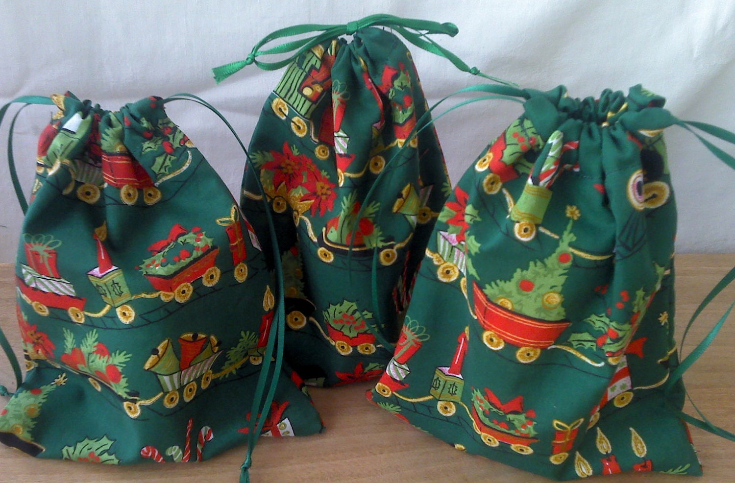 3 Toy Train Christmas Drawstring Fabric Gift Bags Upcycled