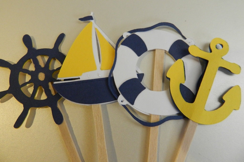 NAVY YELLOW Nautical Cupcake Toppers Boat, Anchor, Helm, Life Preserver Il_570xn