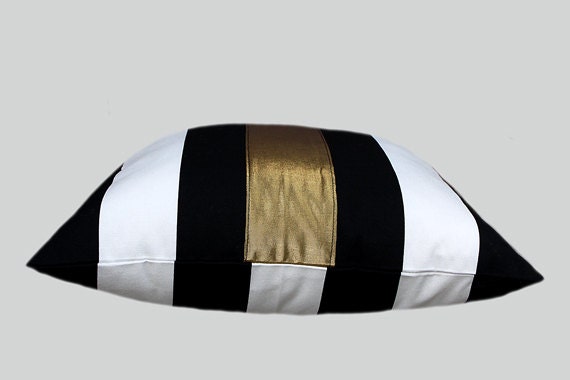 Cotton Black-White Throw pillow case with gold color accent, 16"x16",  Cushion case, Toss pillow case.