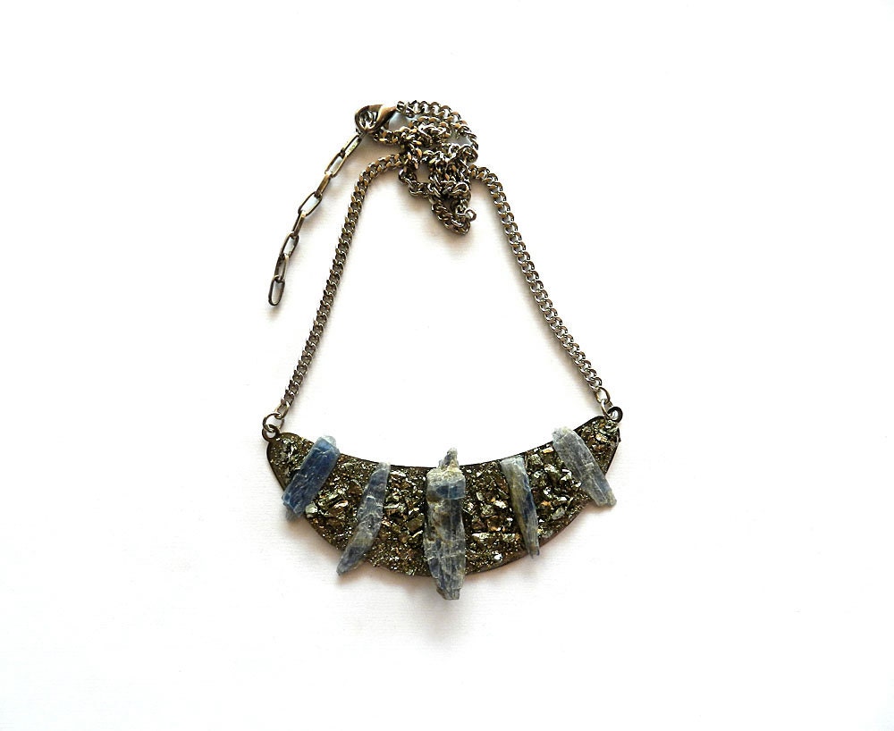 Raw Crystal Bib Necklace - Blue Kyanite & Pyrite "Fool's Gold" Silver Crescent Moon Collar, Statement, Galactic Galaxy, Winter Fashion