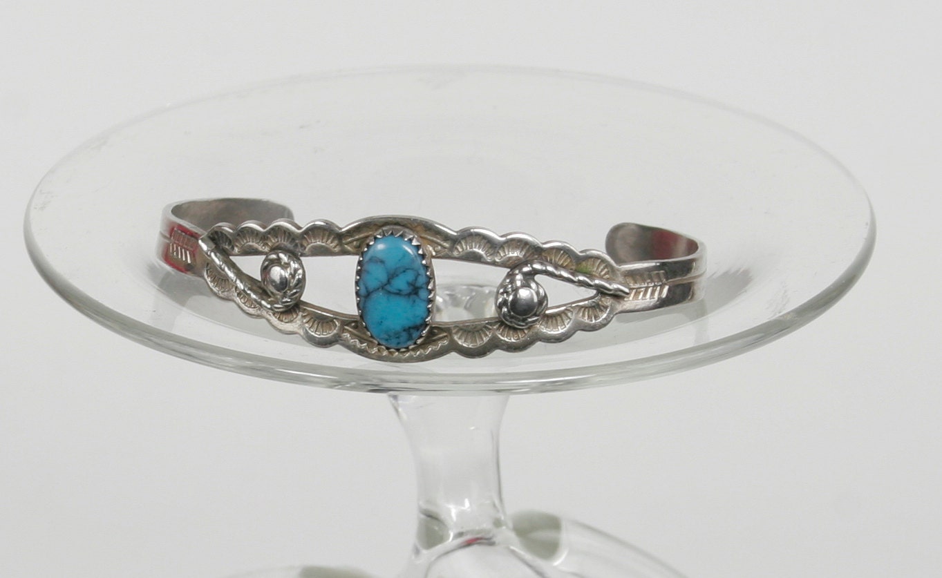 Vintage Bell Trading Post Nickel Silver and Turquoise Children's Cuff Bracelet Circa 1960s or earlier