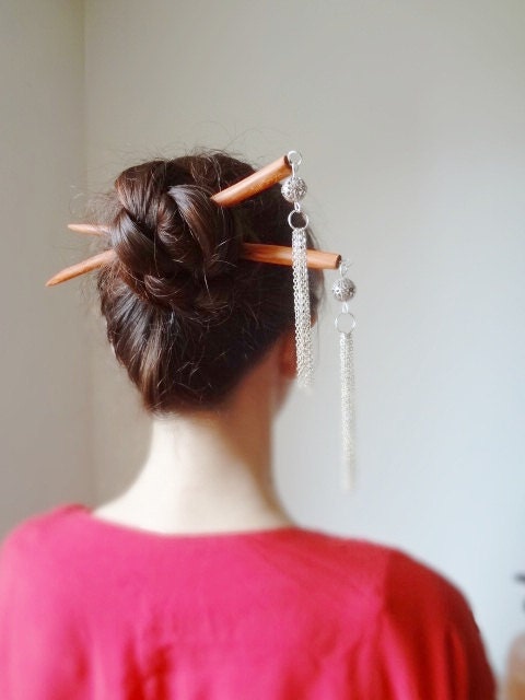 Red Chinese princess geisha kanzashi style double  hair sticks - theancientmuse