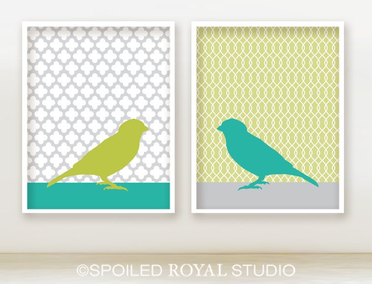 Green Tea Bird Prints - Set of 2 - Grey Lime and Teal - Modern birds 8x10 Posters