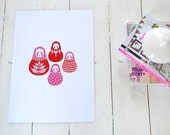 Hot Pink and Fiery Red Babushka Doll Limited Edition Print on gorgeous textured paper stock