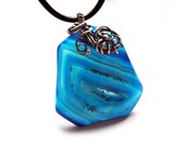 Blue Agate Pendant - Silver wire wrapping Necklace - Heptagon geometric shape - Cobalt blue Necklace - Unique Statement Necklace
