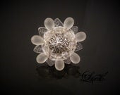 White flower ring- glass beads, metal, cocktail ring, large, crystal jewelry, sparkly light wedding