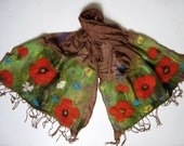 Felted shawl brown and red  - Summer poppy flowers - Katrinmania