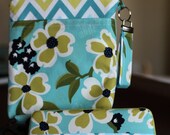 Travel Diaper Changing Set (Gender Neutral)  - WetBag & Wipes Case - Blue and Green Floral and Chevron