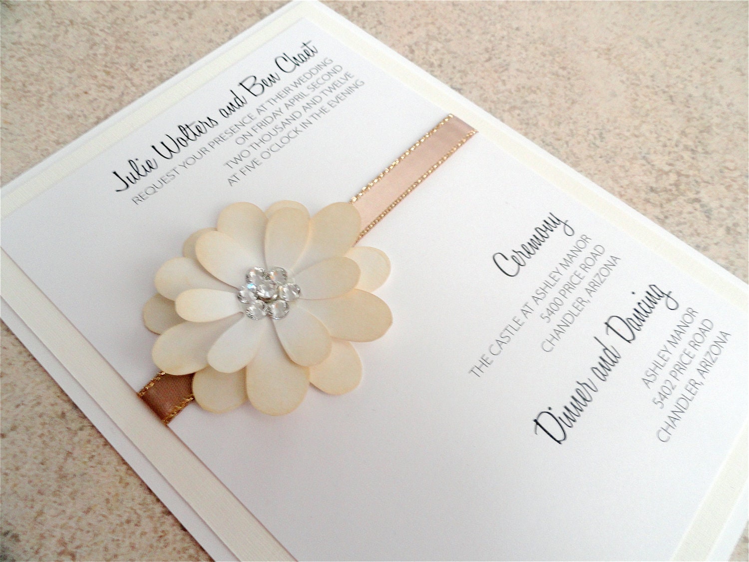 Luxury Wedding Invitation - FLORAL LUXE - Champagne and Gold Floral Wedding Invitation with ribbon and flower embellishment