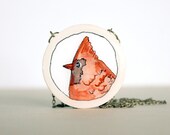Red white Cardinal Necklace-  Hand painted bird circle- netural autumn neckalce- fall fashion black friday cyber monday sale
