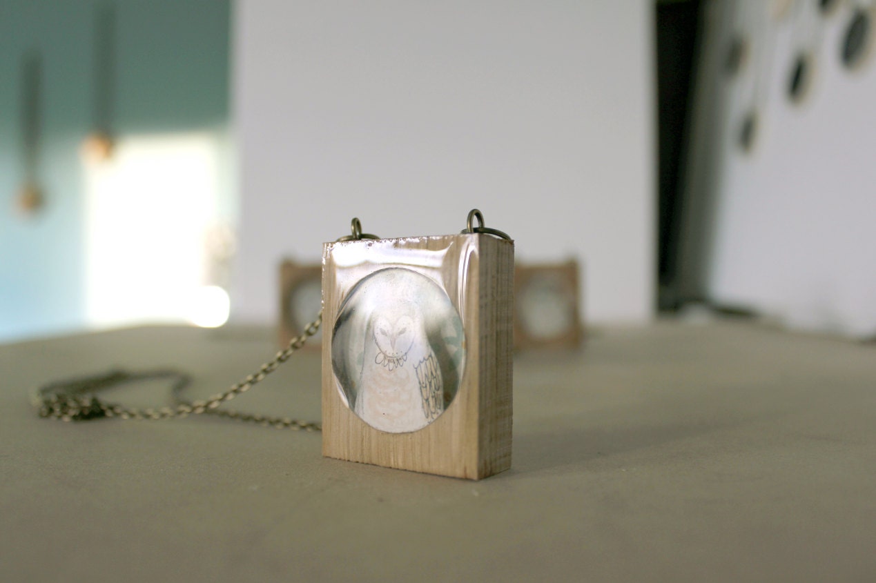 winter owl wooden frame necklace- unique woodland necklace