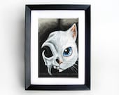 White Cat Skull Print, Blue Eyes Art, 5x7 Wall Art, Gothic Artwork, Halloween Decor, Animal Skeleton
