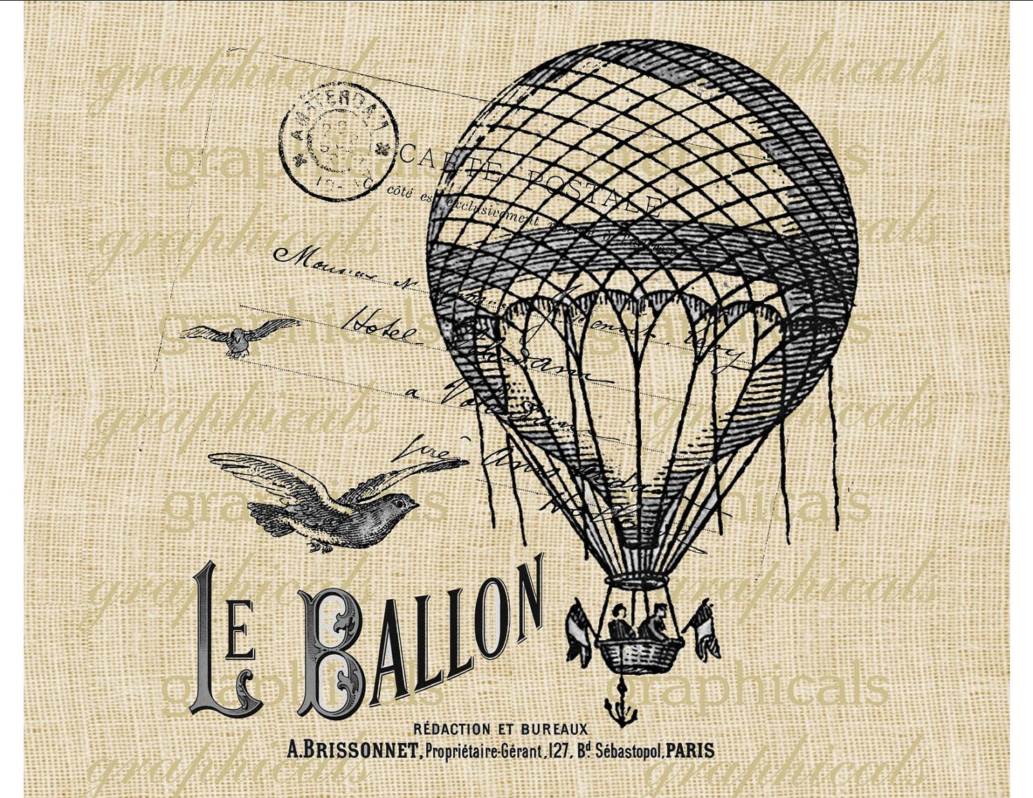 Digital download image French Balloon birds postal ad for transfer to fabric paper burlap tote bags pillows  No. 303