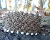 Large Macrame Hemp Cuff  Bracelet w White Seed Beads and Gold Button