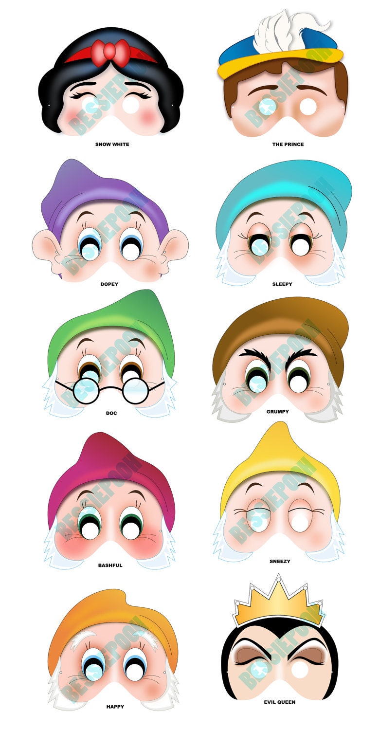 SNOW WHITE Printable MASK Collection. Includes all 10 masks. Photo booth prop. Snow White, Seven Dwarfs, Prince Charming, Evil Queen