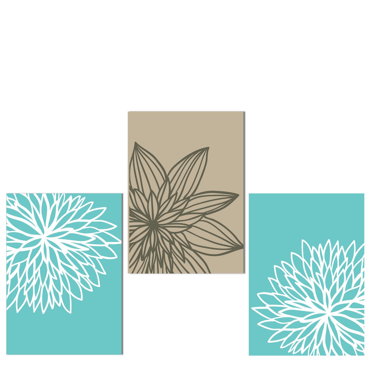 Modern Cottage Chic Art Print Set of 3 11x14 Turquoise Blue Floral Wall Art Prints Chrysanthemum