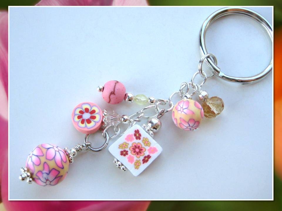 FLORAL FIESTA- Glass Beaded Keychain- One of a Kind- Crystals, Dyed Turquoise, and Polymer Fimo Clay Beads