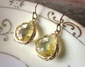 Citrine Earrings Yellow Teardrop Gold Plated Glass - Bridesmaid Earrings - Wedding Earrings - Christmas Gift