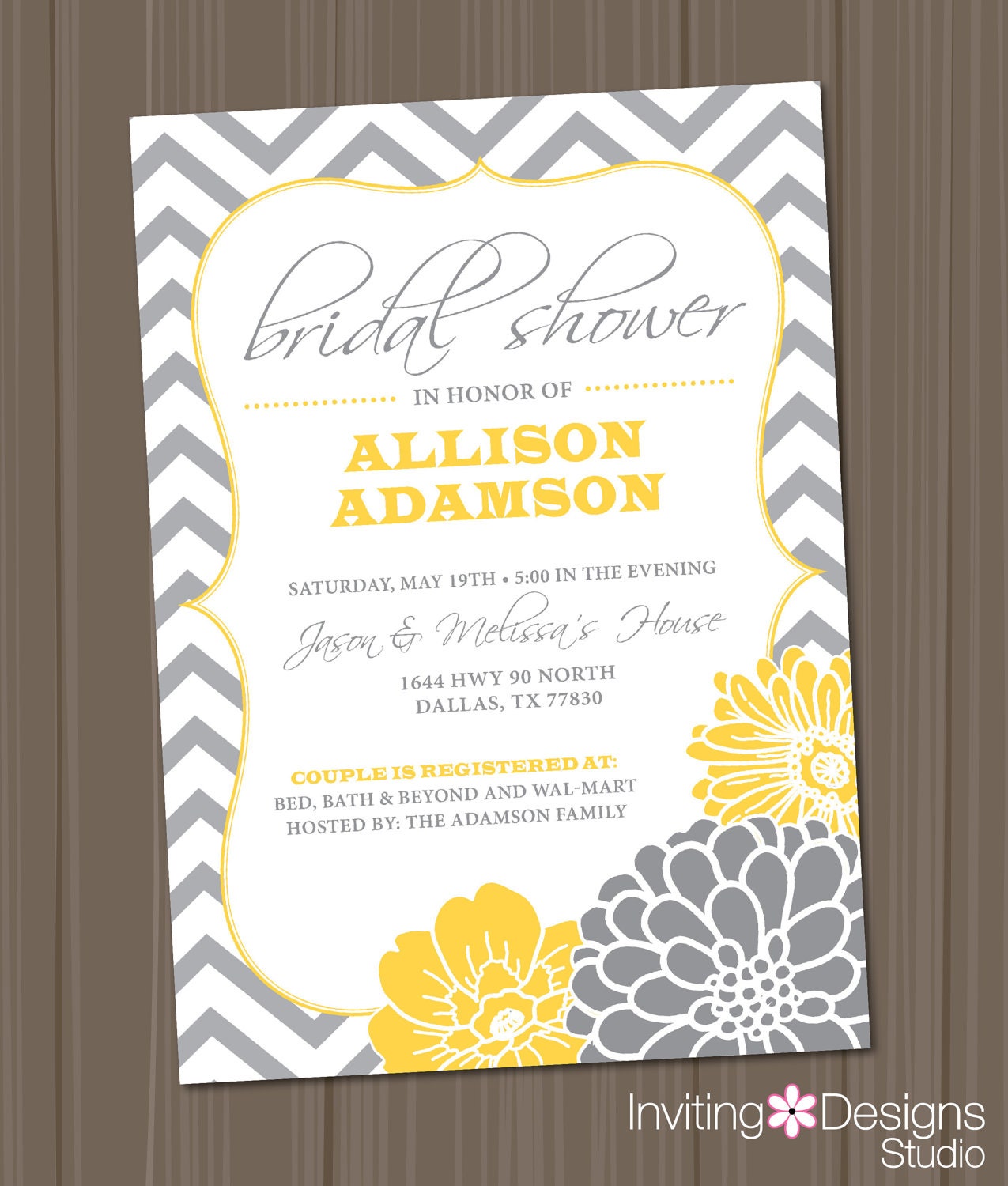 Bridal Shower Invitation, Chevron, Yellow, Grey (PRINTABLE FILE)